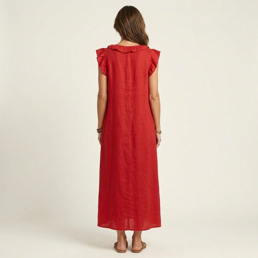 Josette | Robe longue en lin à volants et encolure en V